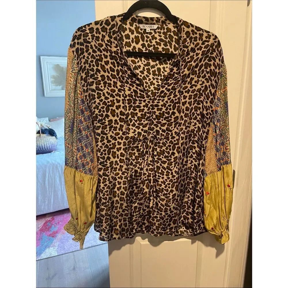 Benares Women's Leopard Print V-Neck Blouse with Gold Accent Sleeves